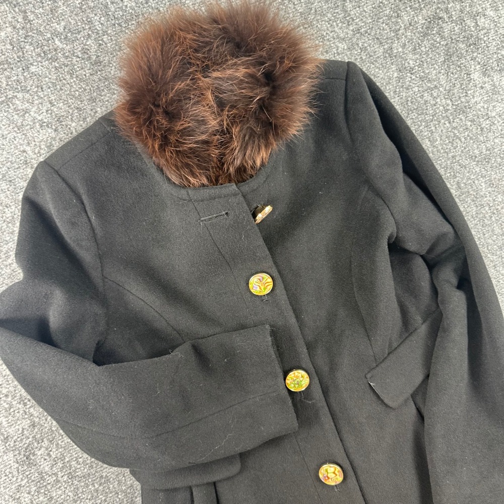 Wanko Wool Blend Coat Large Black Faux Fur Collar Gold Button Long Jacket Womens
